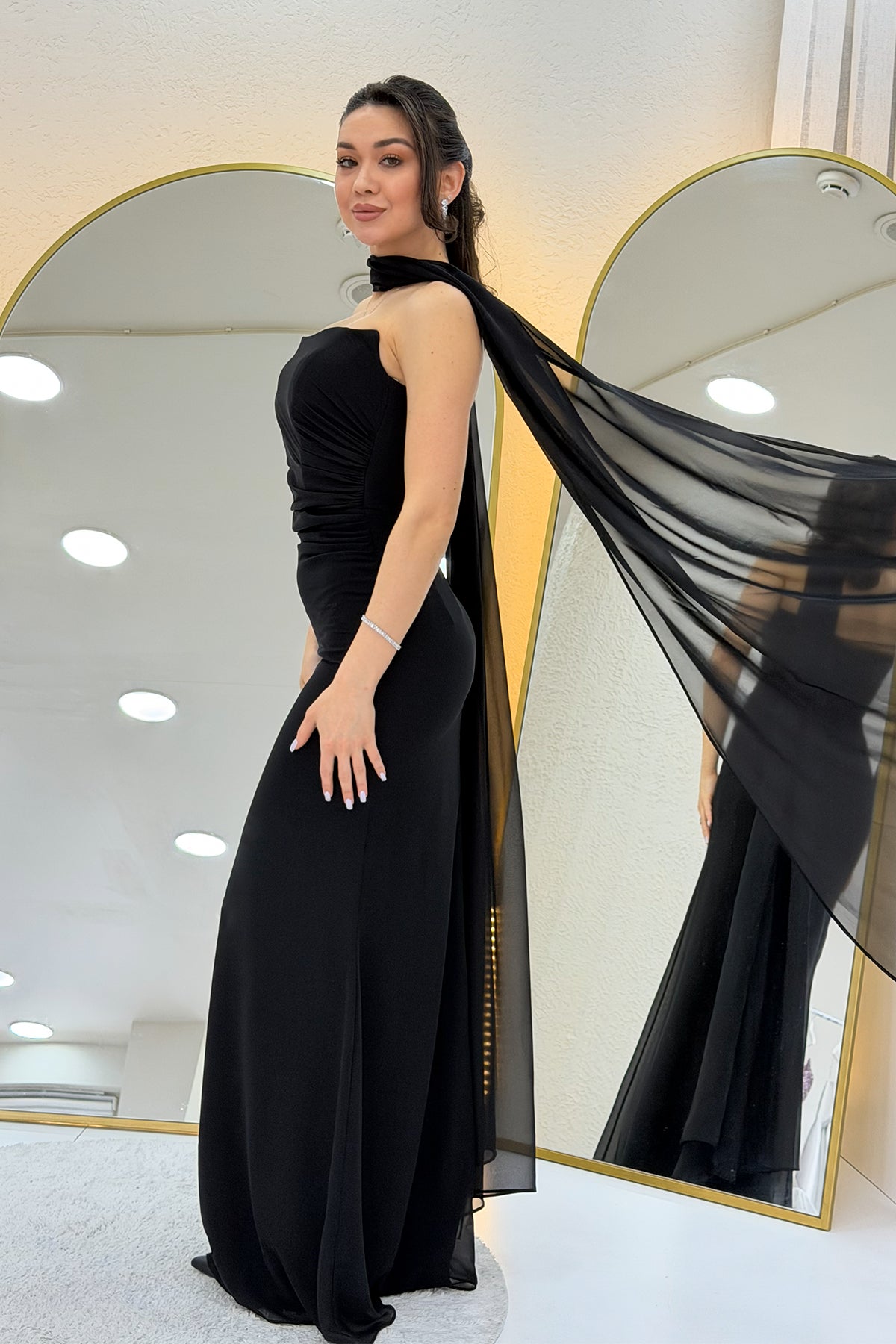 Black Strapless Drape Shawl Evening Dress
