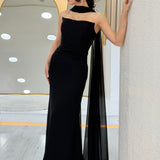Black Strapless Drape Shawl Evening Dress