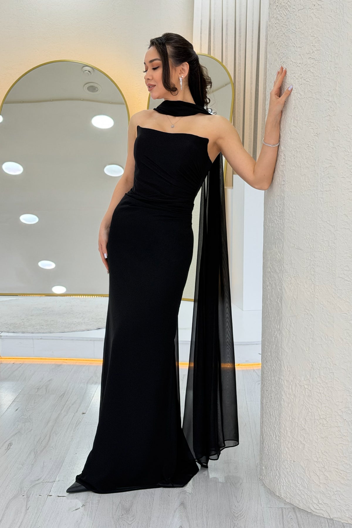 Black Strapless Drape Shawl Evening Dress