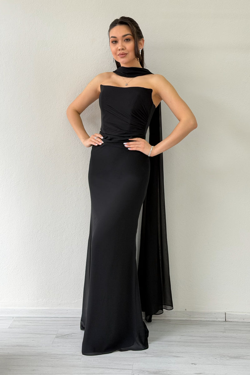 Black Strapless Drape Shawl Evening Dress