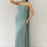 Aqua Green Strapless Drape Shawl Evening Dress