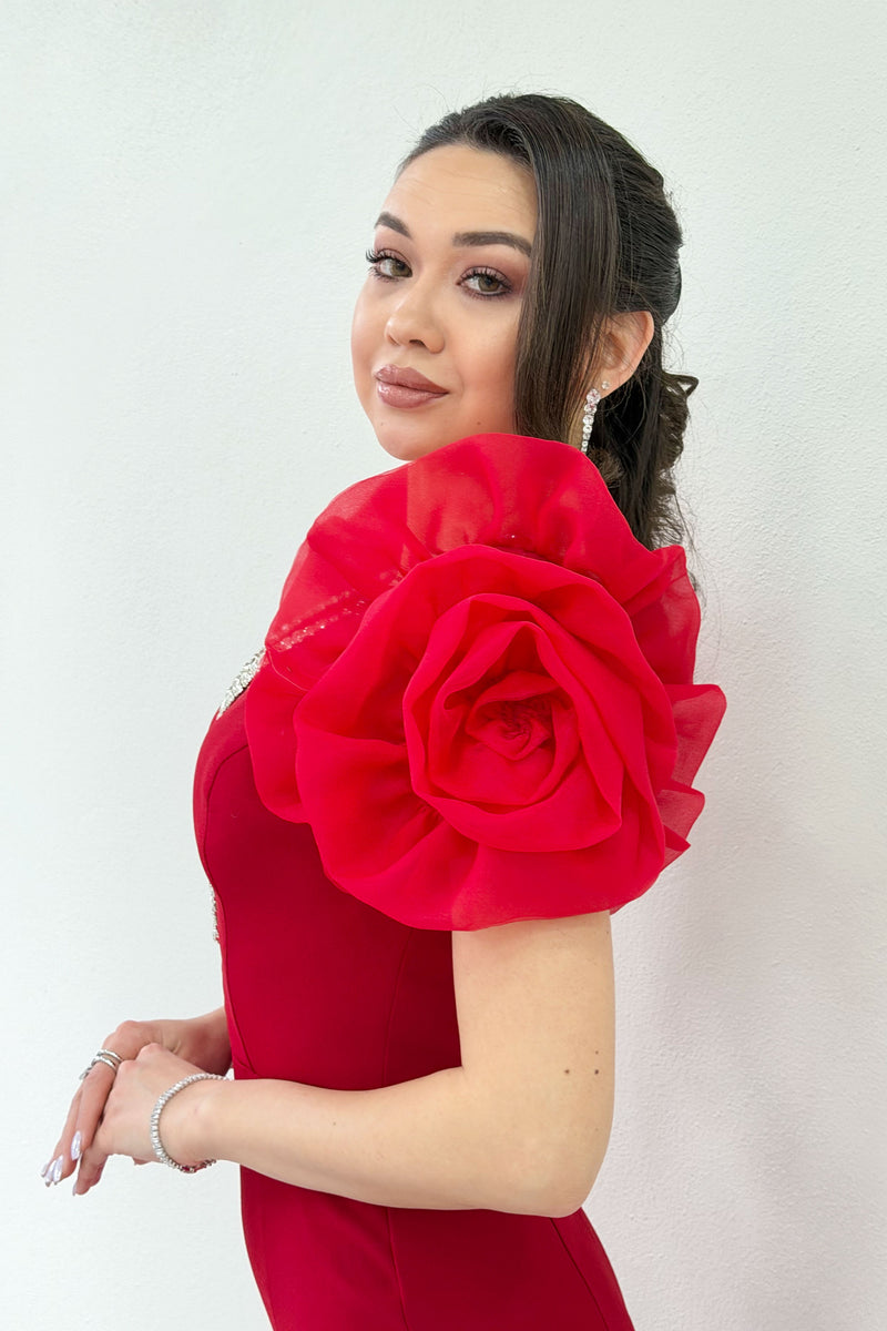 Red Shoulder Rose Detail V-Neck Stone Embroidered Slit Evening Dress