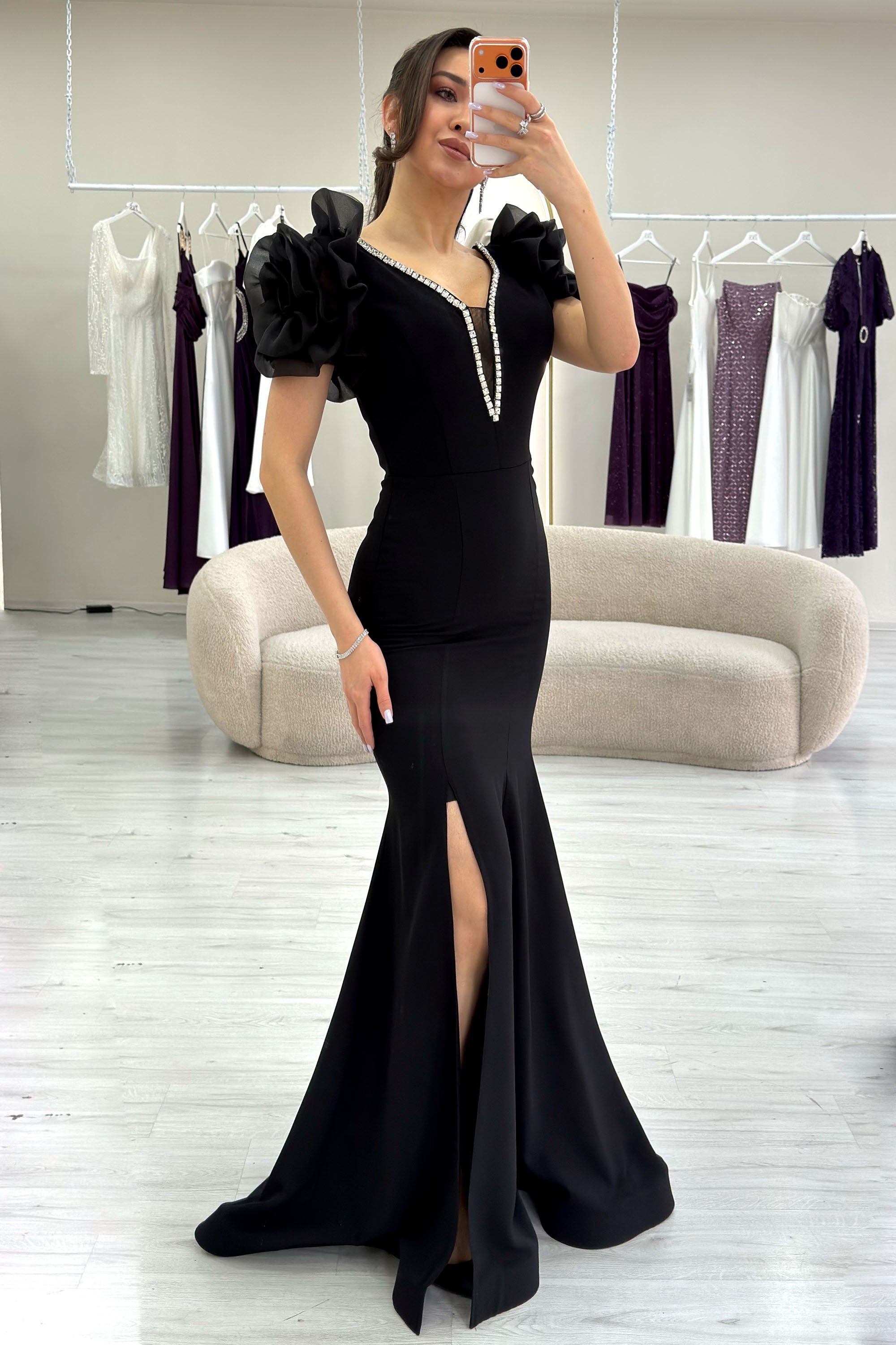 Black Off-Shoulder Rose Detail V-Neck Stone Embroidered Slit Evening Dress