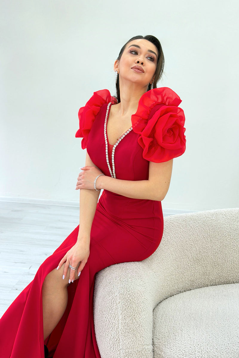 Red Shoulder Rose Detail V-Neck Stone Embroidered Slit Evening Dress