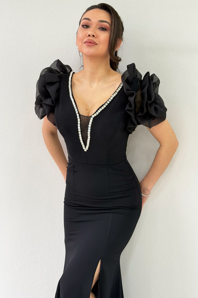 Black Off-Shoulder Rose Detail V-Neck Stone Embroidered Slit Evening Dress