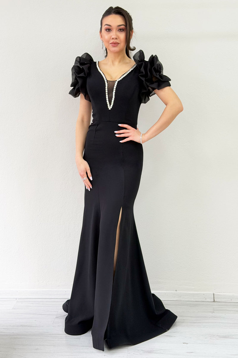 Black Off-Shoulder Rose Detail V-Neck Stone Embroidered Slit Evening Dress
