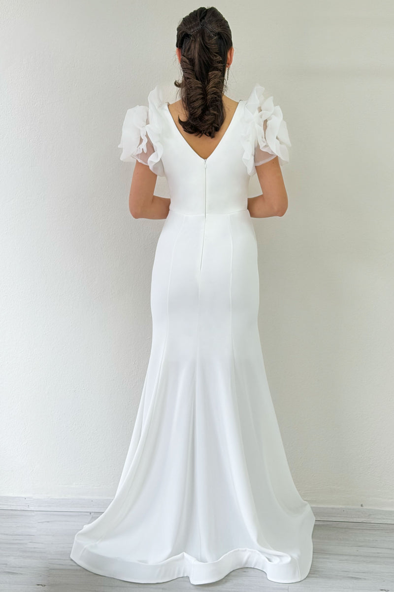 White Shoulder Rose Detail V-Neck Stone Embroidered Slit Wedding Dress
