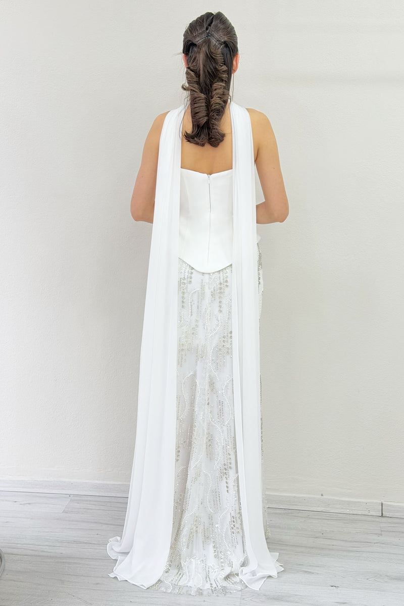 White Strapless Shawl-Detailed Embroidered Long Wedding Dress