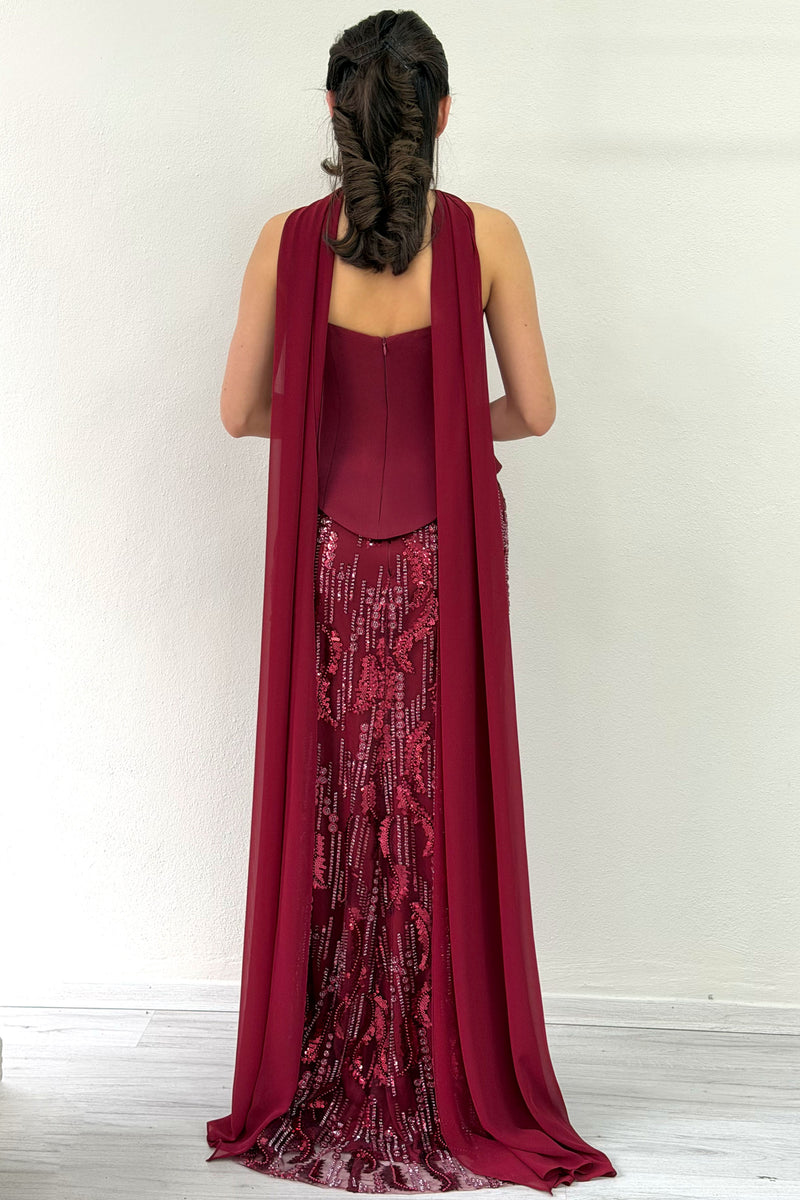 Burgundy Strapless Shawl-Detailed Embroidered Long Evening Gown