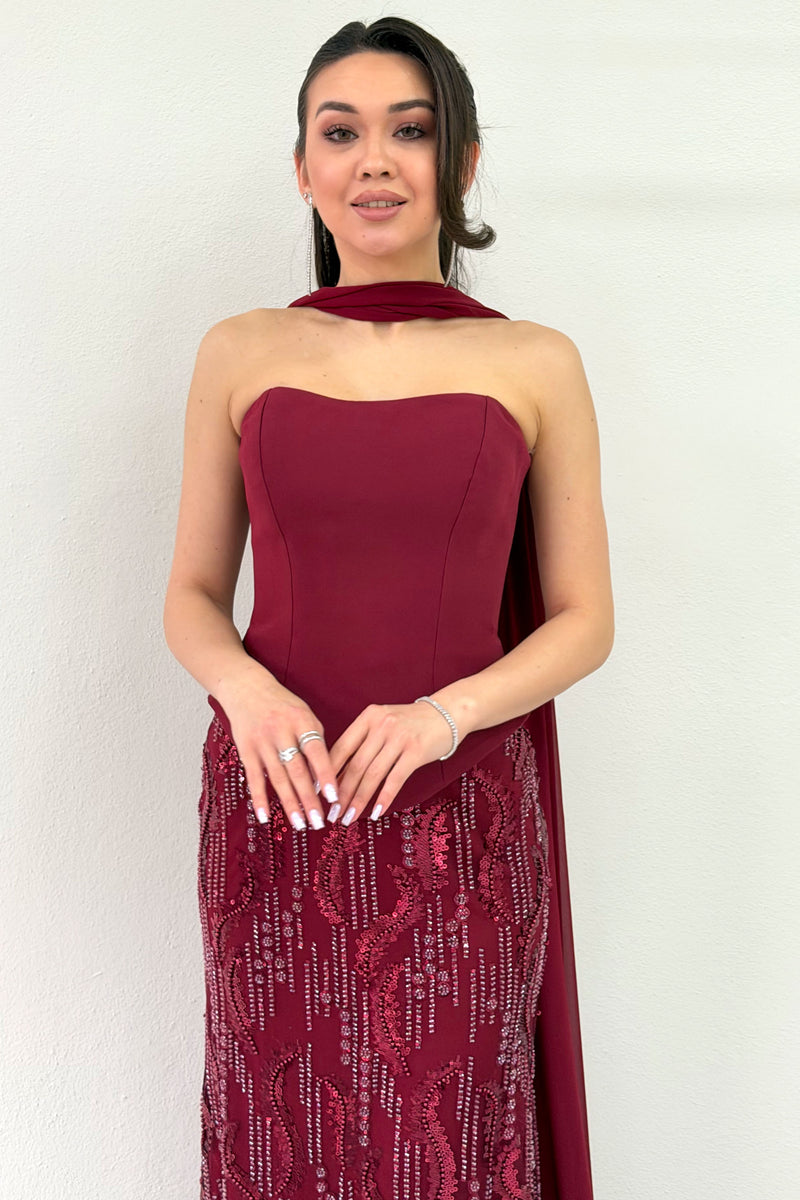 Burgundy Strapless Shawl-Detailed Embroidered Long Evening Gown