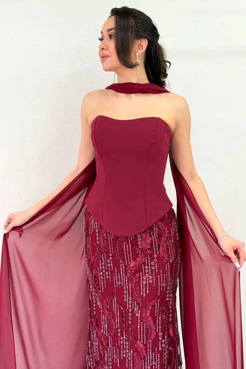Burgundy Strapless Shawl-Detailed Embroidered Long Evening Gown