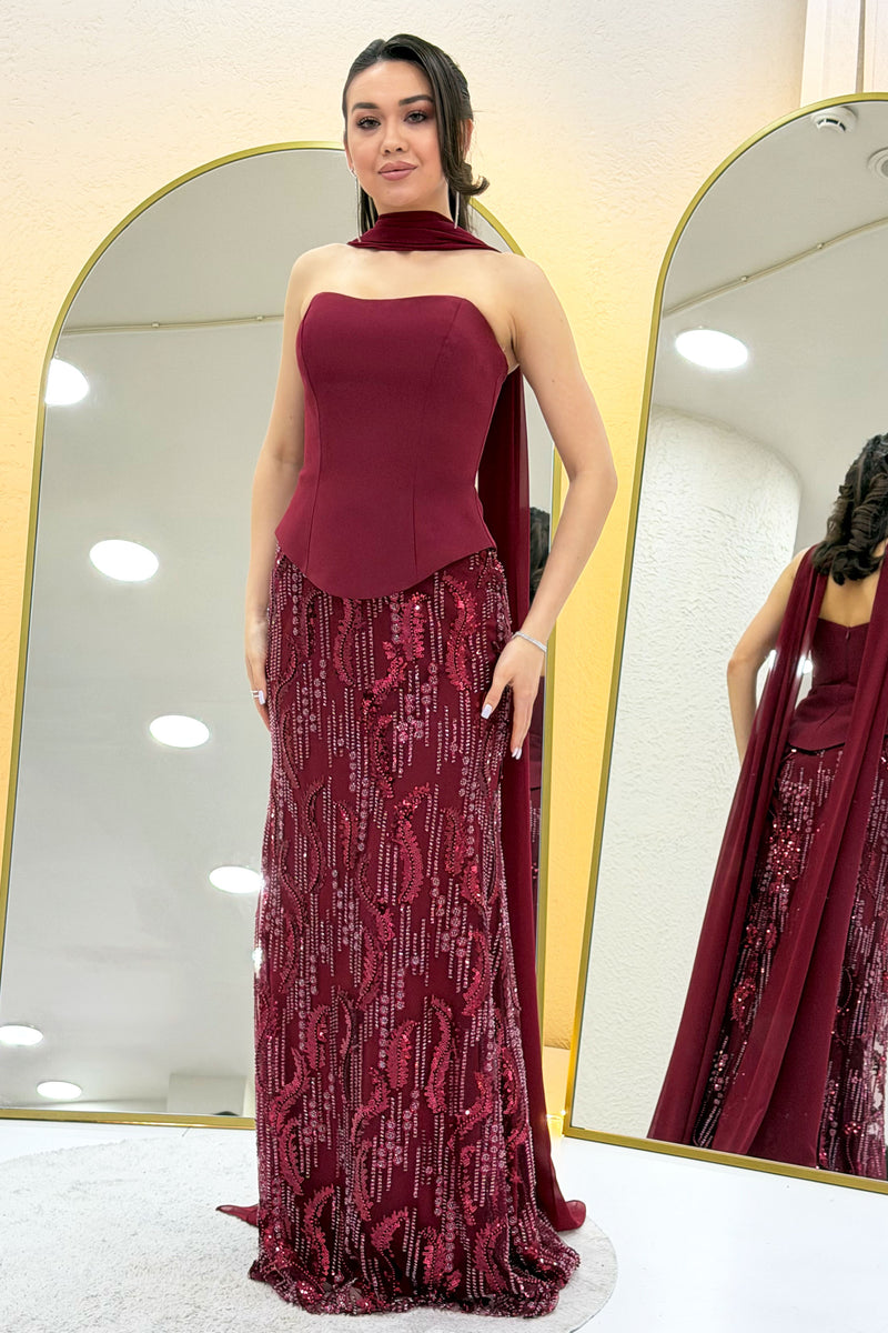 Burgundy Strapless Shawl-Detailed Embroidered Long Evening Gown