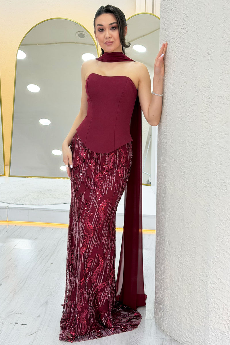 Burgundy Strapless Shawl-Detailed Embroidered Long Evening Gown