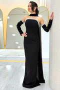 فستان سهرة طويل من بلاك بيرل بدون حمالات بأكمام قابلة للإزالة