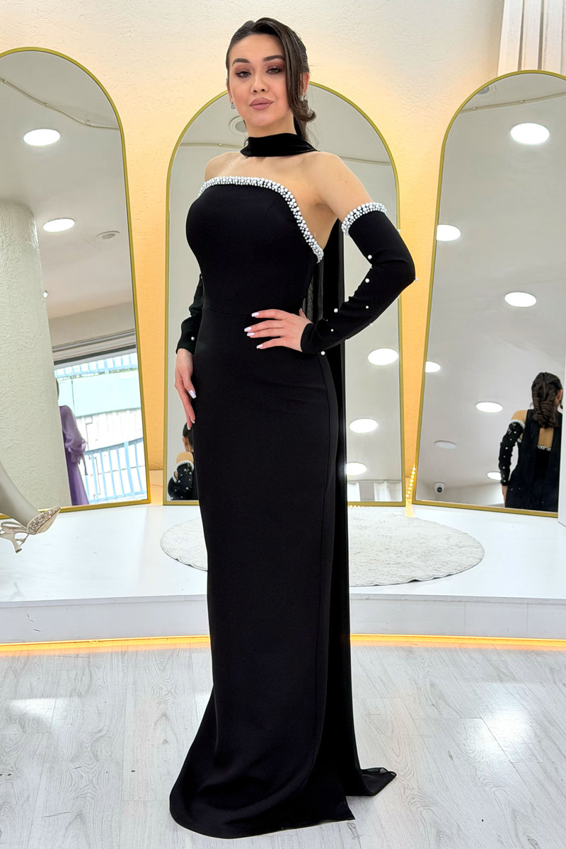 فستان سهرة طويل من بلاك بيرل بدون حمالات بأكمام قابلة للإزالة