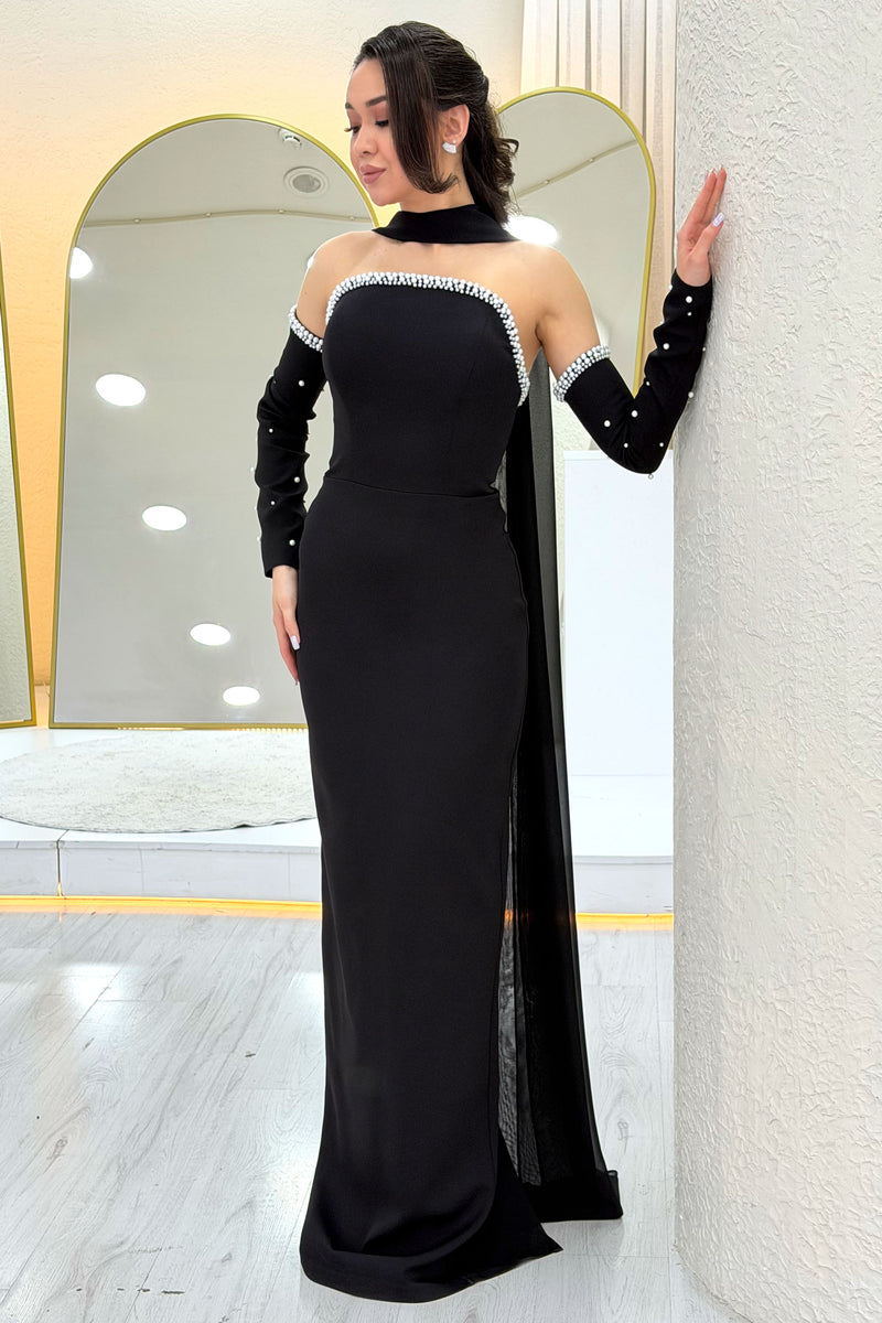 فستان سهرة طويل من بلاك بيرل بدون حمالات بأكمام قابلة للإزالة