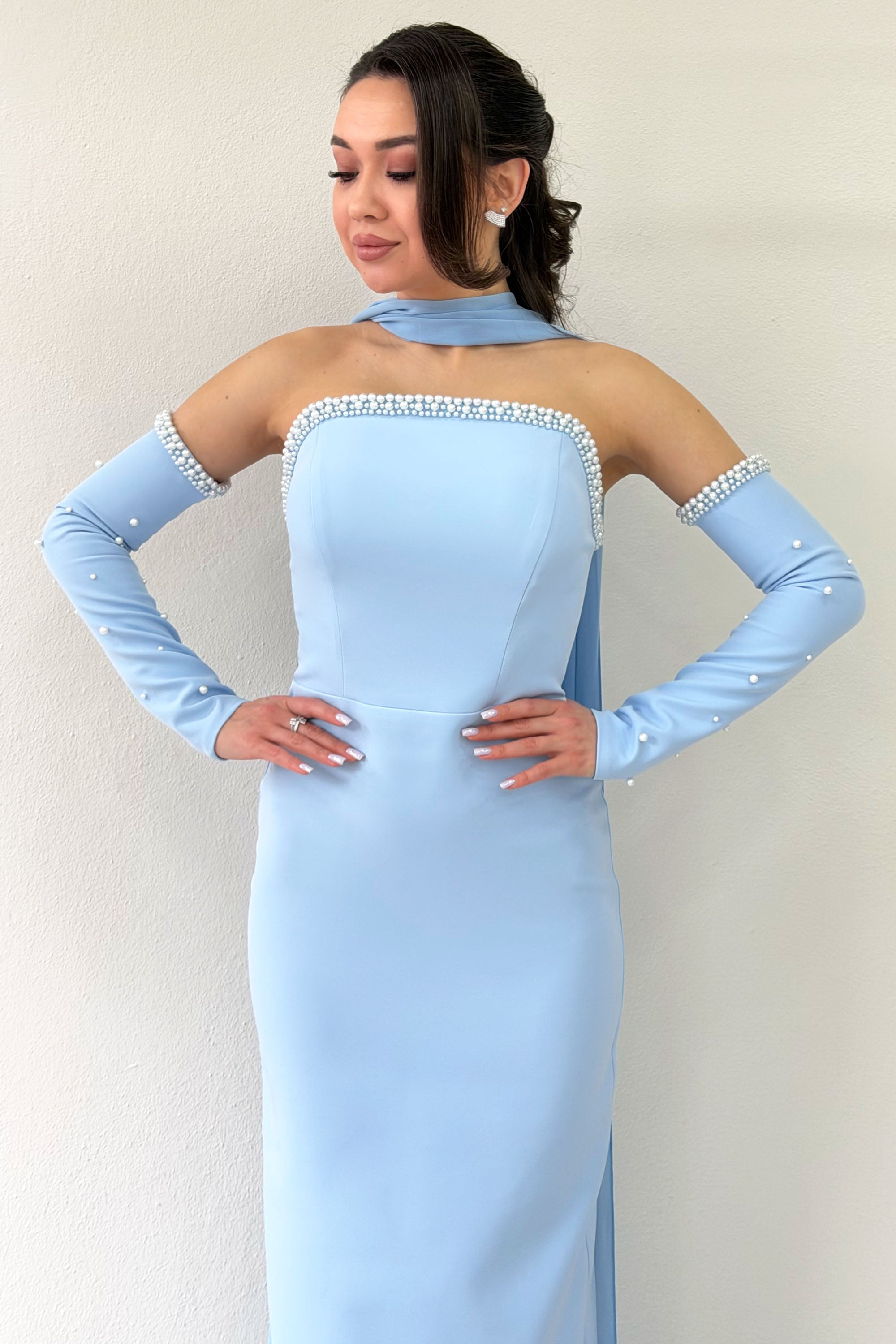 Baby Blue Pearl Strapless Removable Sleeve Detail Long Evening Dress