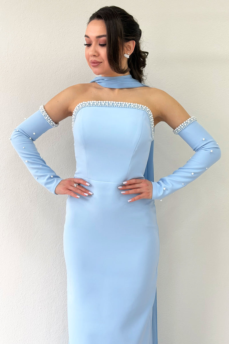 Baby Blue Pearl Strapless Removable Sleeve Detail Long Evening Dress