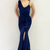 Navy Blue Asymmetrical Collar Front Ruffled Slit Evening Dress