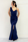 Navy Blue Asymmetrical Collar Front Ruffled Slit Evening Dress