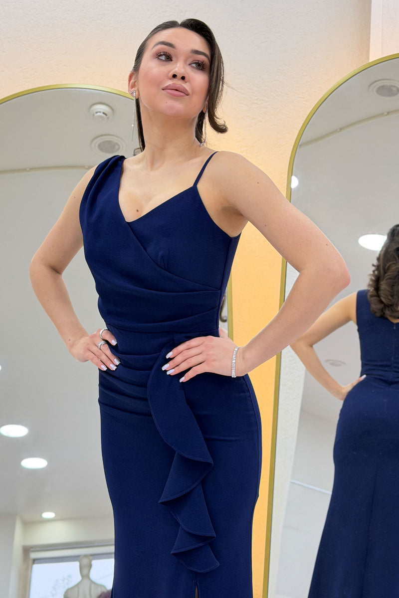 Navy Blue Asymmetrical Collar Front Ruffled Slit Evening Dress