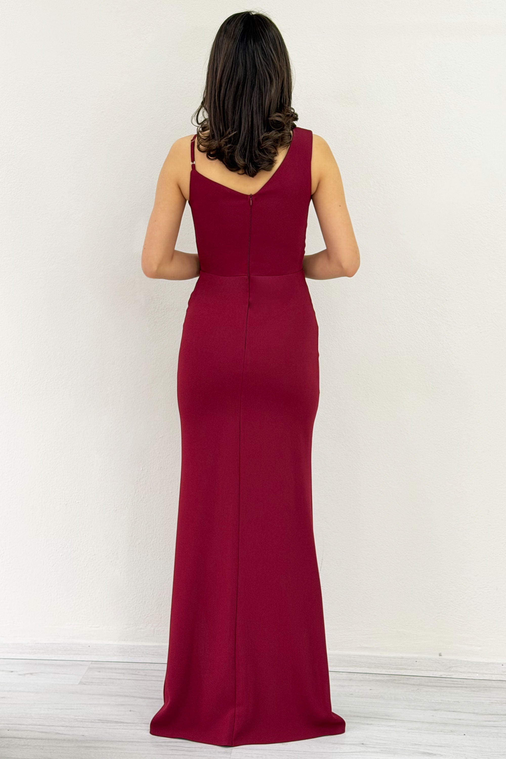 Burgundy Asymmetrical Collar Slit Evening Dress with Front Ruffles