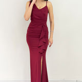 Burgundy Asymmetrical Collar Slit Evening Dress with Front Ruffles
