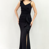 Black Asymmetrical Collar Slit Evening Dress with Black Front Ruffles