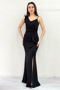 Black Asymmetrical Collar Slit Evening Dress with Black Front Ruffles