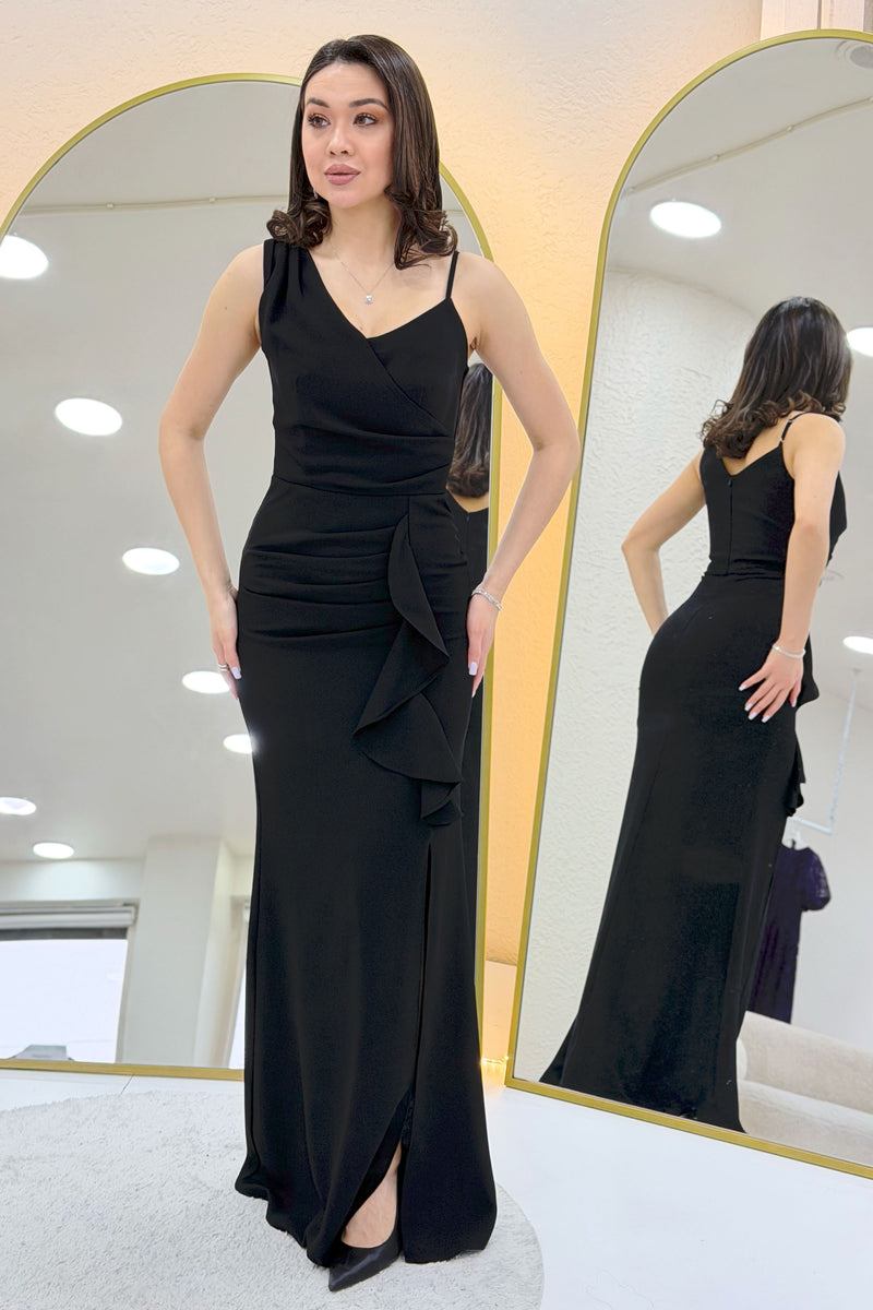Black Asymmetrical Collar Slit Evening Dress with Black Front Ruffles