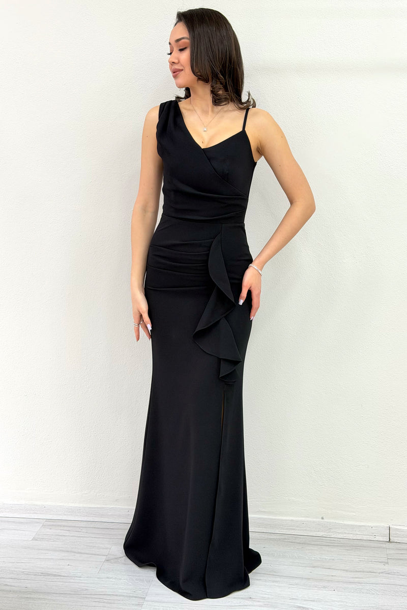 Black Asymmetrical Collar Slit Evening Dress with Black Front Ruffles