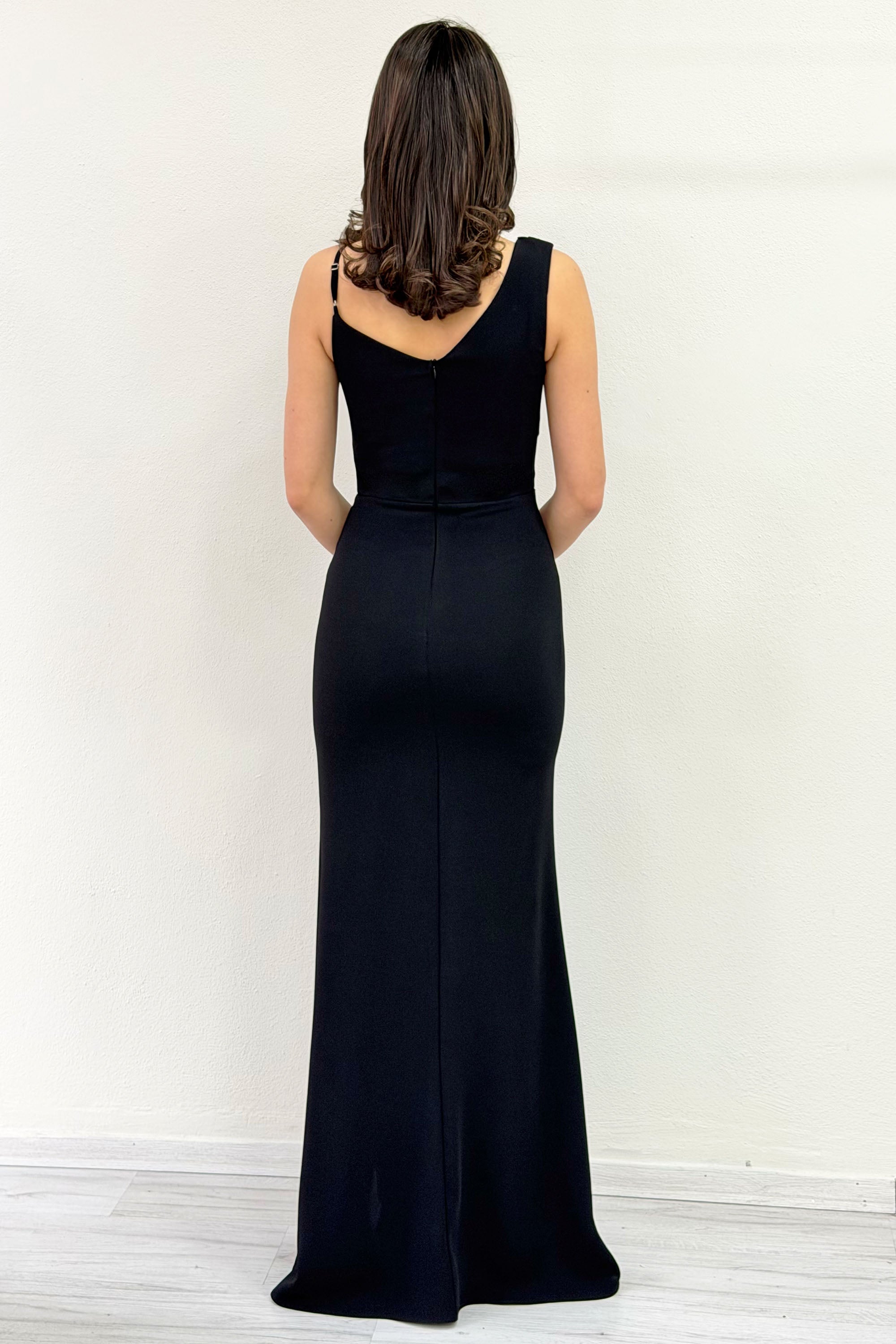 Black Asymmetrical Collar Slit Evening Dress with Black Front Ruffles