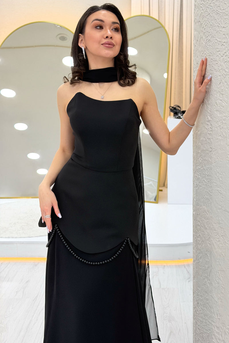 Black Shawl-Detailed Corset Skirt Chiffon Design Evening Dress