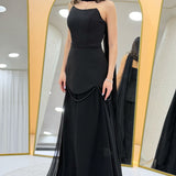 Black Shawl-Detailed Corset Skirt Chiffon Design Evening Dress