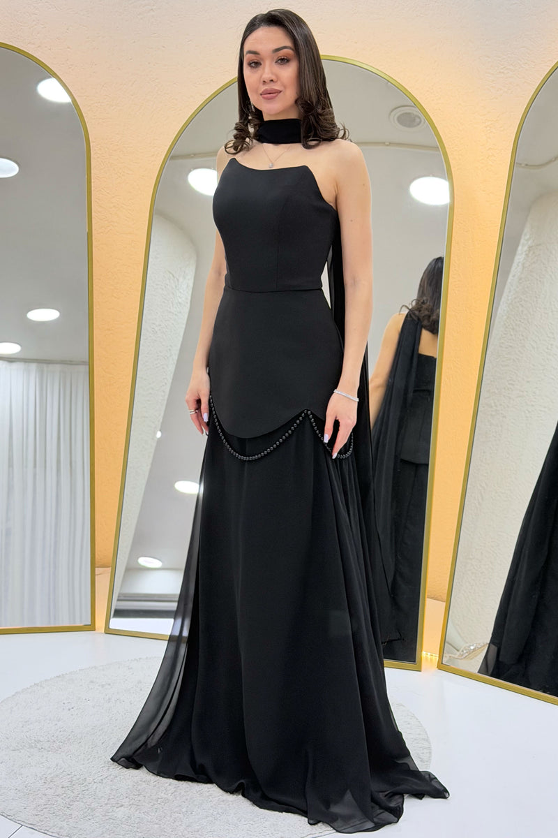 Black Shawl-Detailed Corset Skirt Chiffon Design Evening Dress