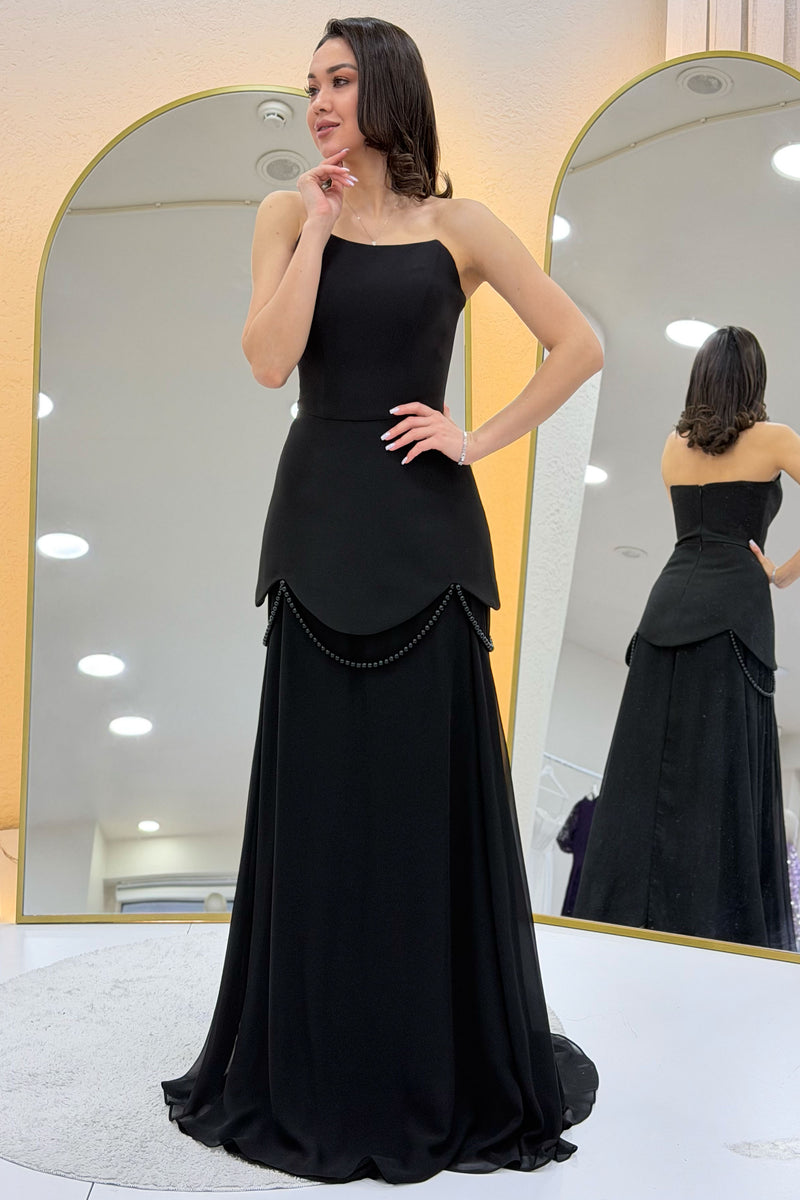Black Shawl-Detailed Corset Skirt Chiffon Design Evening Dress