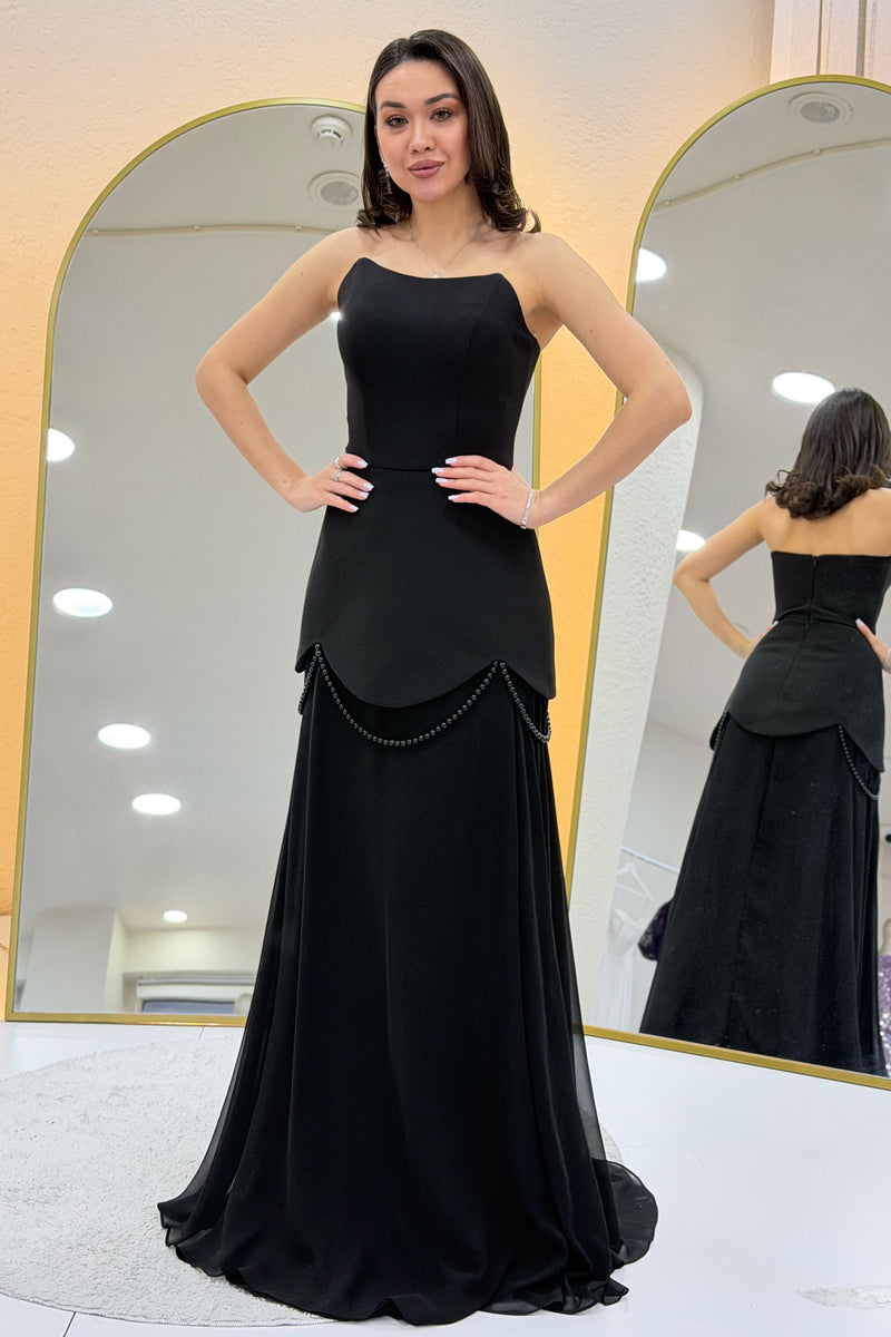 Black Shawl-Detailed Corset Skirt Chiffon Design Evening Dress