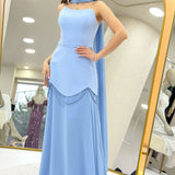 Baby Blue Shawl Detailed Corset Skirt Chiffon Design Evening Dress