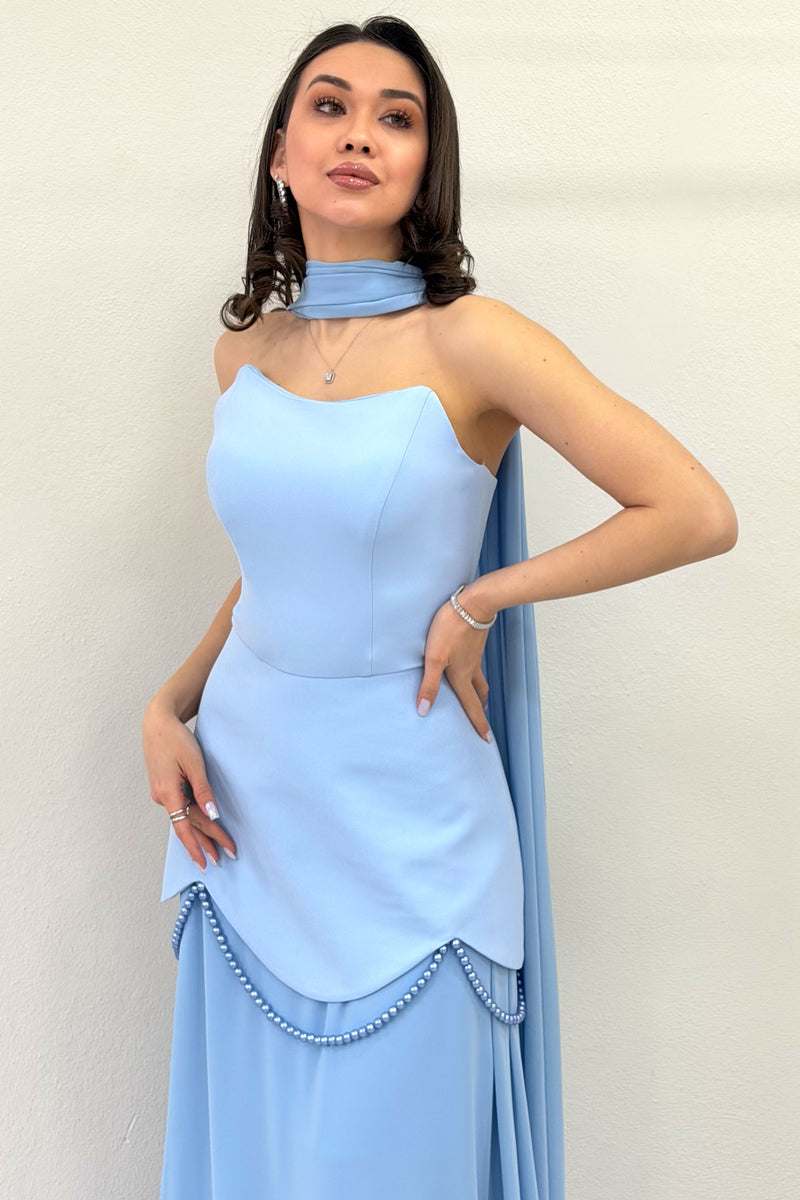 Baby Blue Shawl Detailed Corset Skirt Chiffon Design Evening Dress