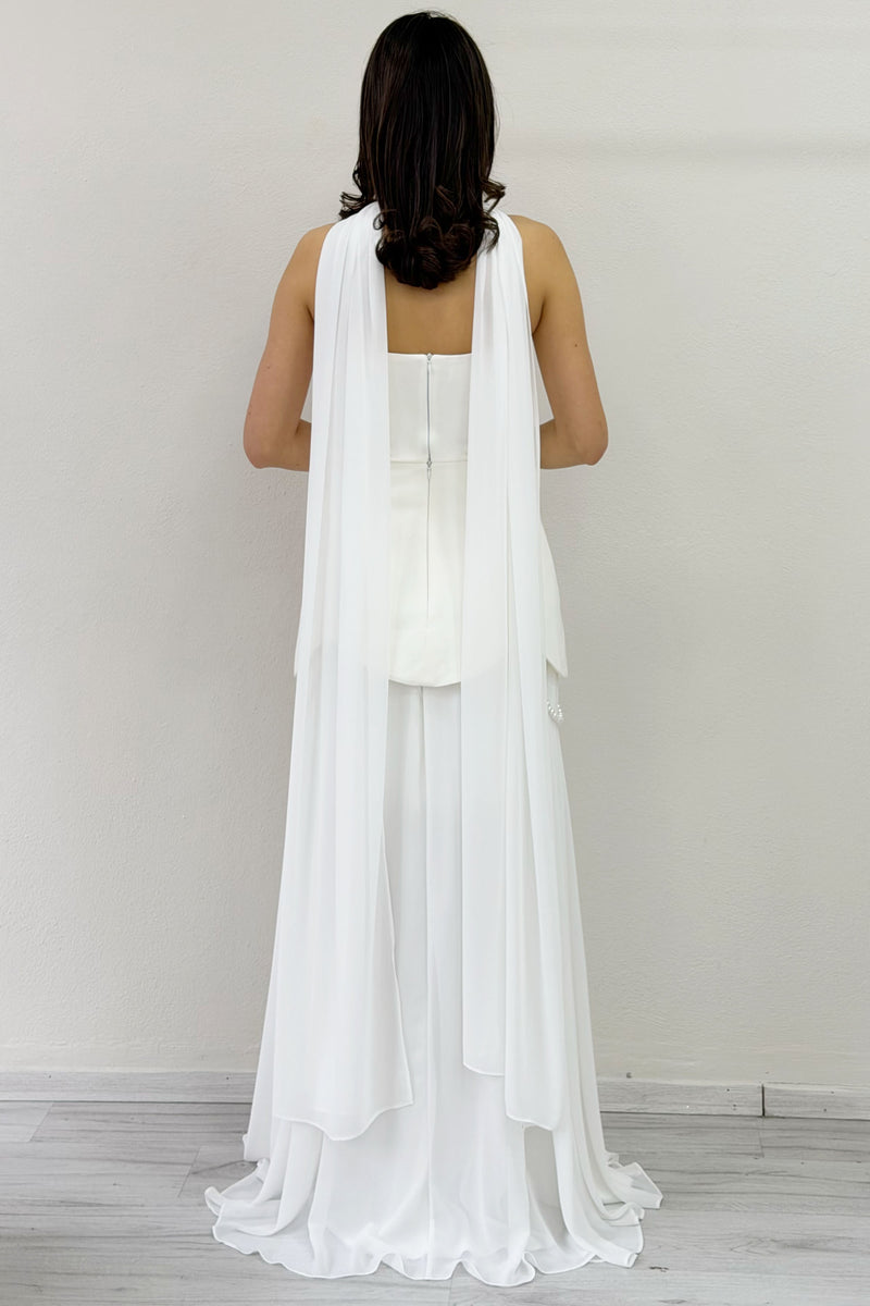 White Shawl Detailed Corset Skirt Chiffon Design Wedding Dress