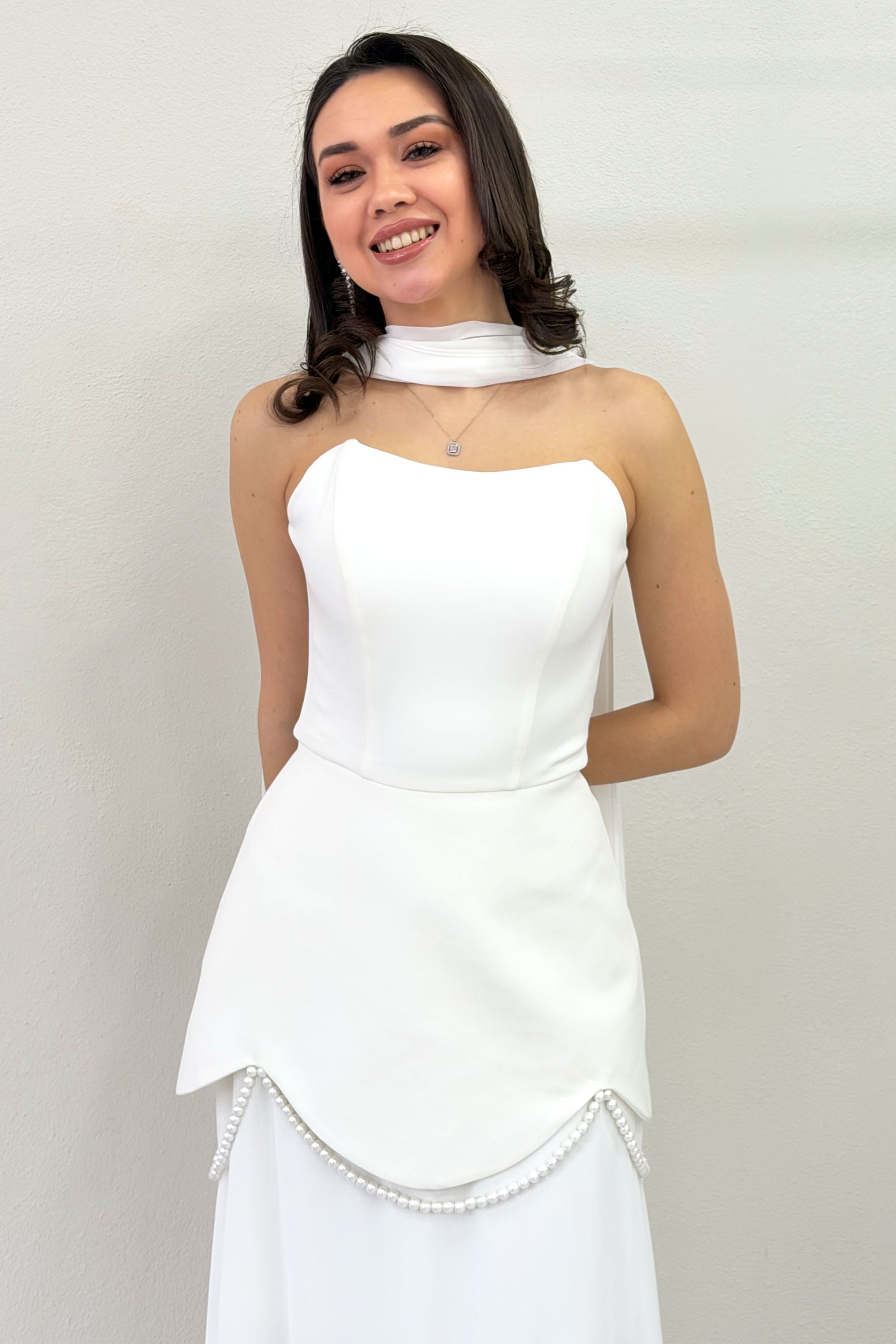 White Shawl Detailed Corset Skirt Chiffon Design Wedding Dress