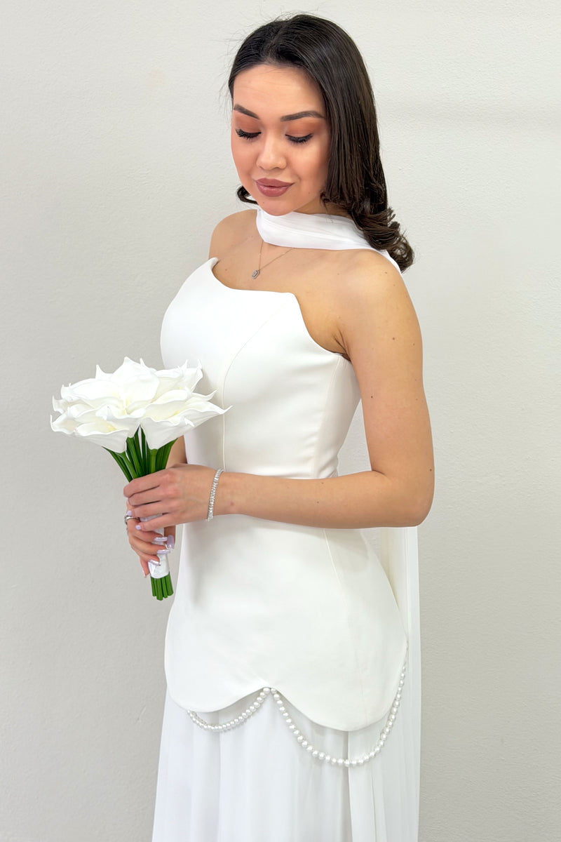 White Shawl Detailed Corset Skirt Chiffon Design Wedding Dress