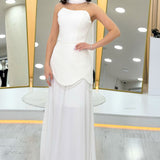 White Shawl Detailed Corset Skirt Chiffon Design Wedding Dress