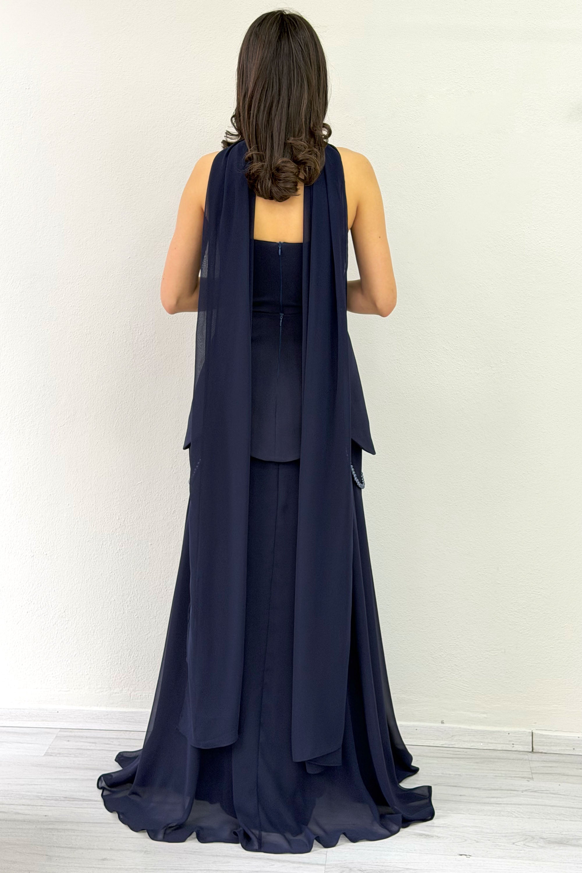 Navy Blue Shawl-Detailed Corset Skirt Chiffon Design Evening Dress