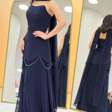 Navy Blue Shawl-Detailed Corset Skirt Chiffon Design Evening Dress