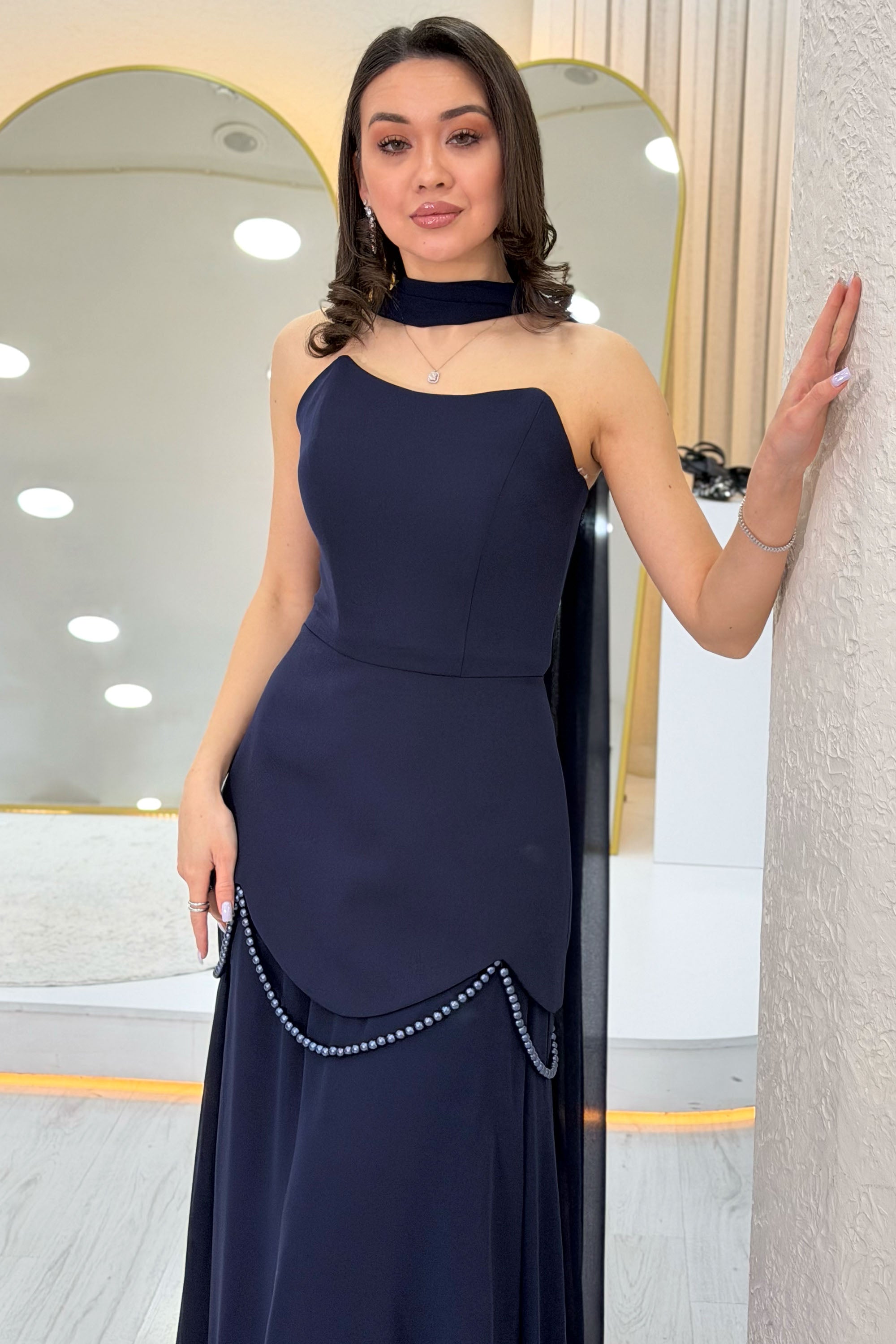 Navy Blue Shawl-Detailed Corset Skirt Chiffon Design Evening Dress