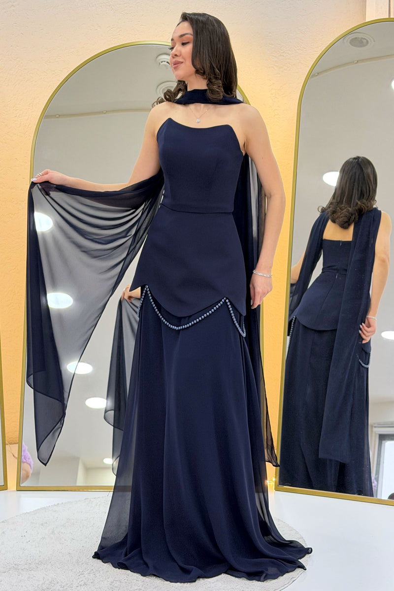Navy Blue Shawl-Detailed Corset Skirt Chiffon Design Evening Dress