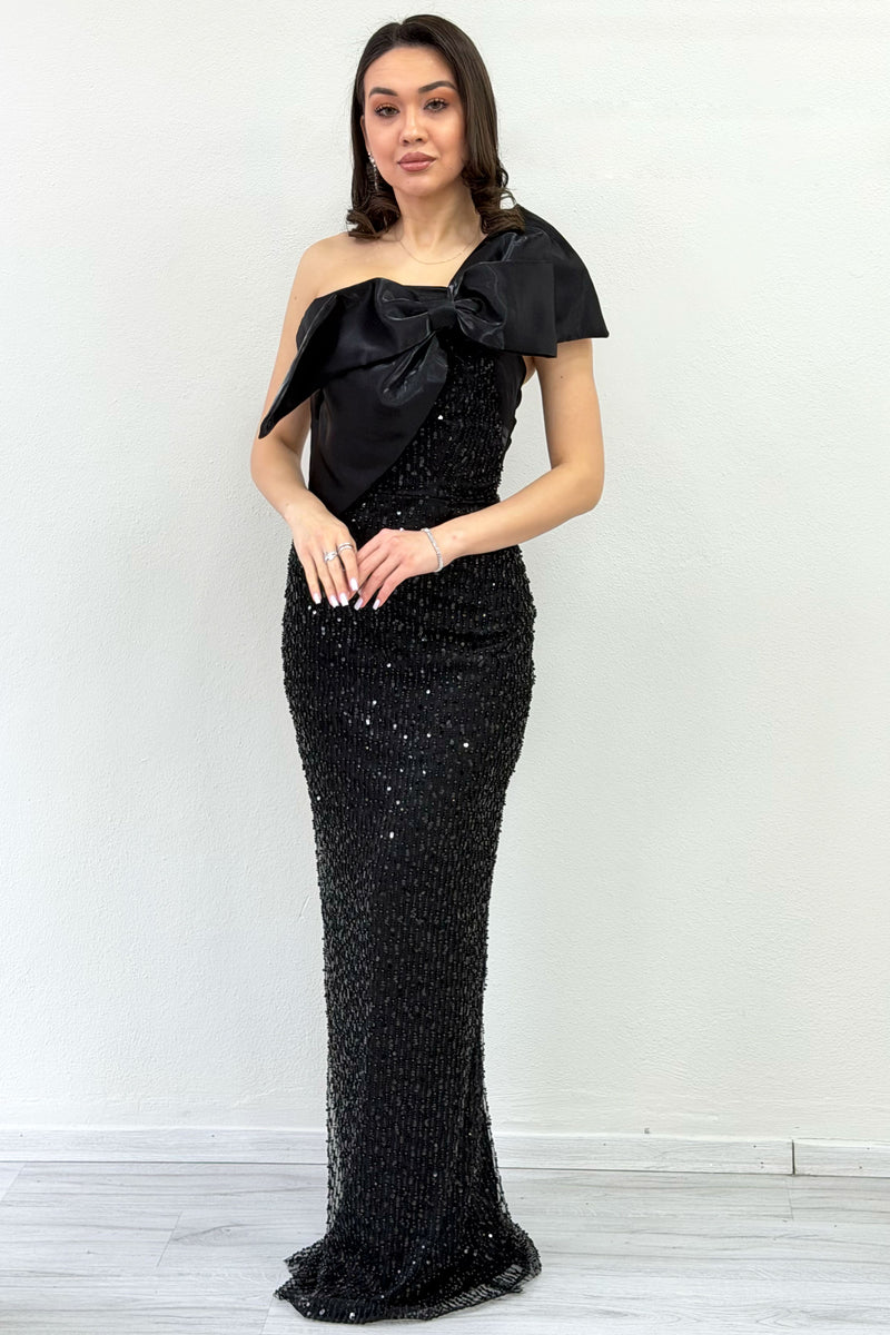 Black Bow Collar Detail One-Shoulder Sequined Evening Dress