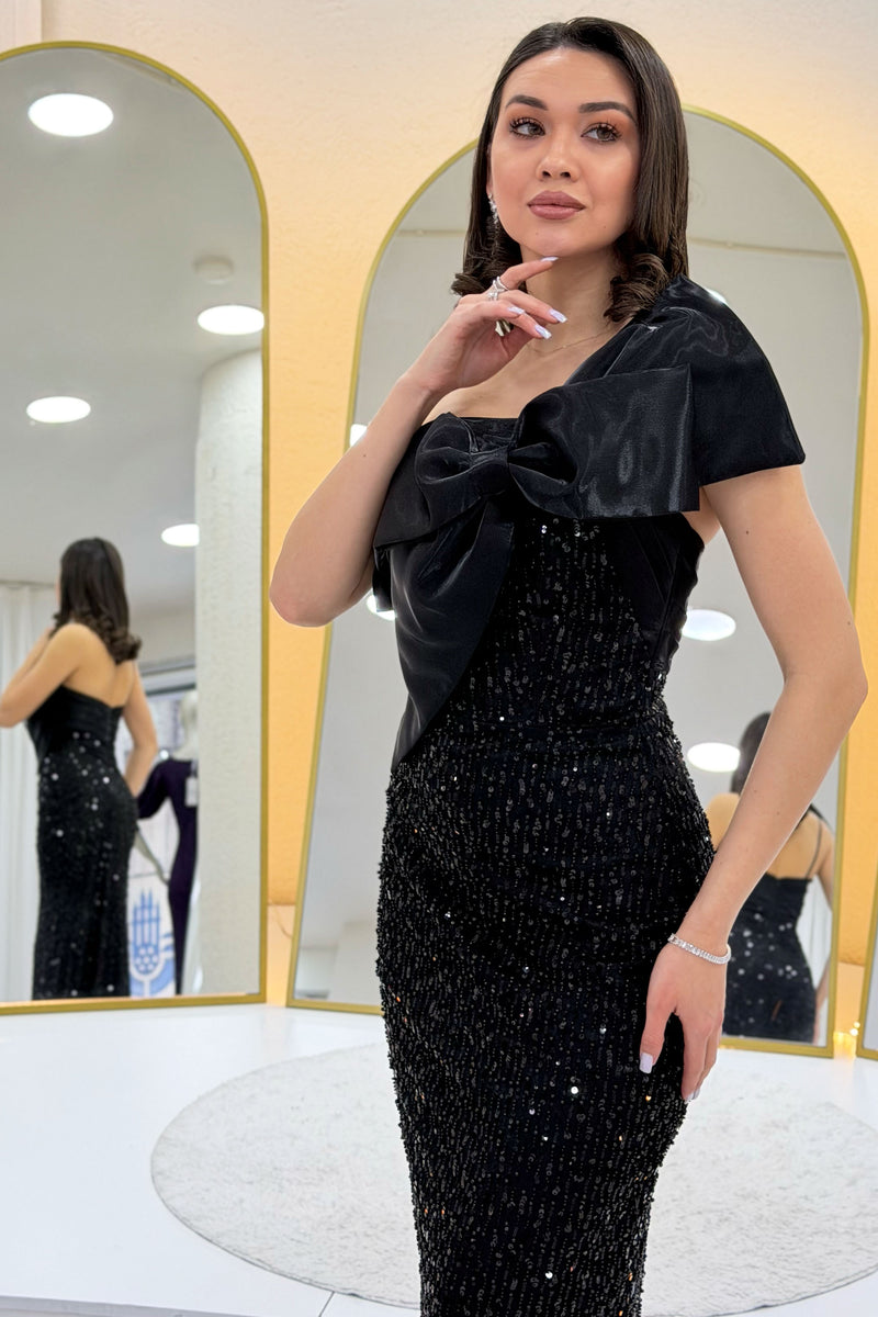 Black Bow Collar Detail One-Shoulder Sequined Evening Dress