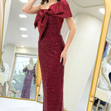 Burgundy Bow Collar Detail One-Shoulder Beaded Evening Dress